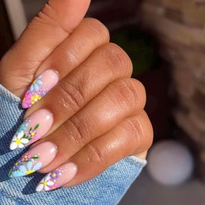May include: Close-up of a hand with long, pointed nails painted with a light pink base and a floral design. The flowers are in shades of blue, pink, yellow, and white.