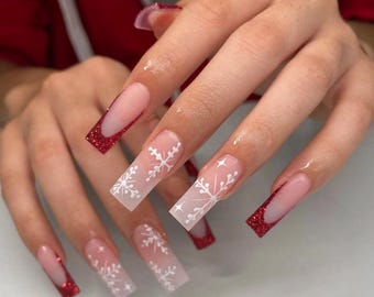 Red Lose Glitter French -Press on nails-luxury nails-red nails-nail art-holiday nails- long nails-glue on nails-aesthetic nails-xmas nails