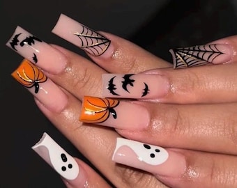 My Halloween themed Press on nails-luxury nails ghost nails-nail art-nails-short long nails-glue on nails-reusable  nails-fall nails pumpkin