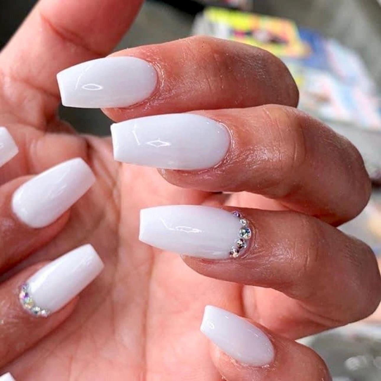 White Nails With Rhinestones -press on Nails-luxury Nails-almond