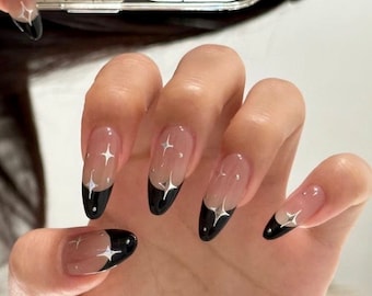 ESTRELLA-Press on nails-french nails- black french nails-press ons- star nails-star press on nails-luxury nails-gel x nails-long short nails