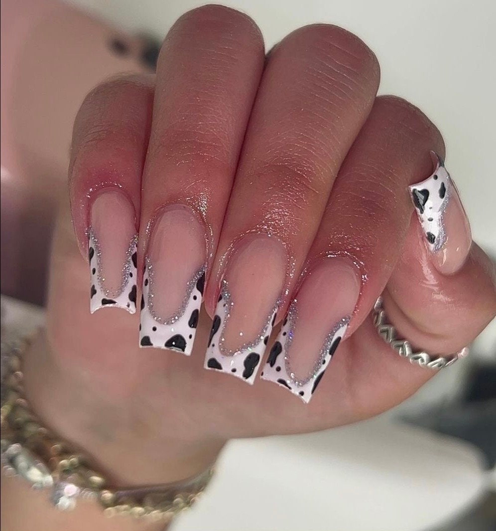 Pretty cow print French- Press on nails-luxury nails western nails-nail art cowgirl-short long nails-glue on nails-aesthetic nails-gel nails