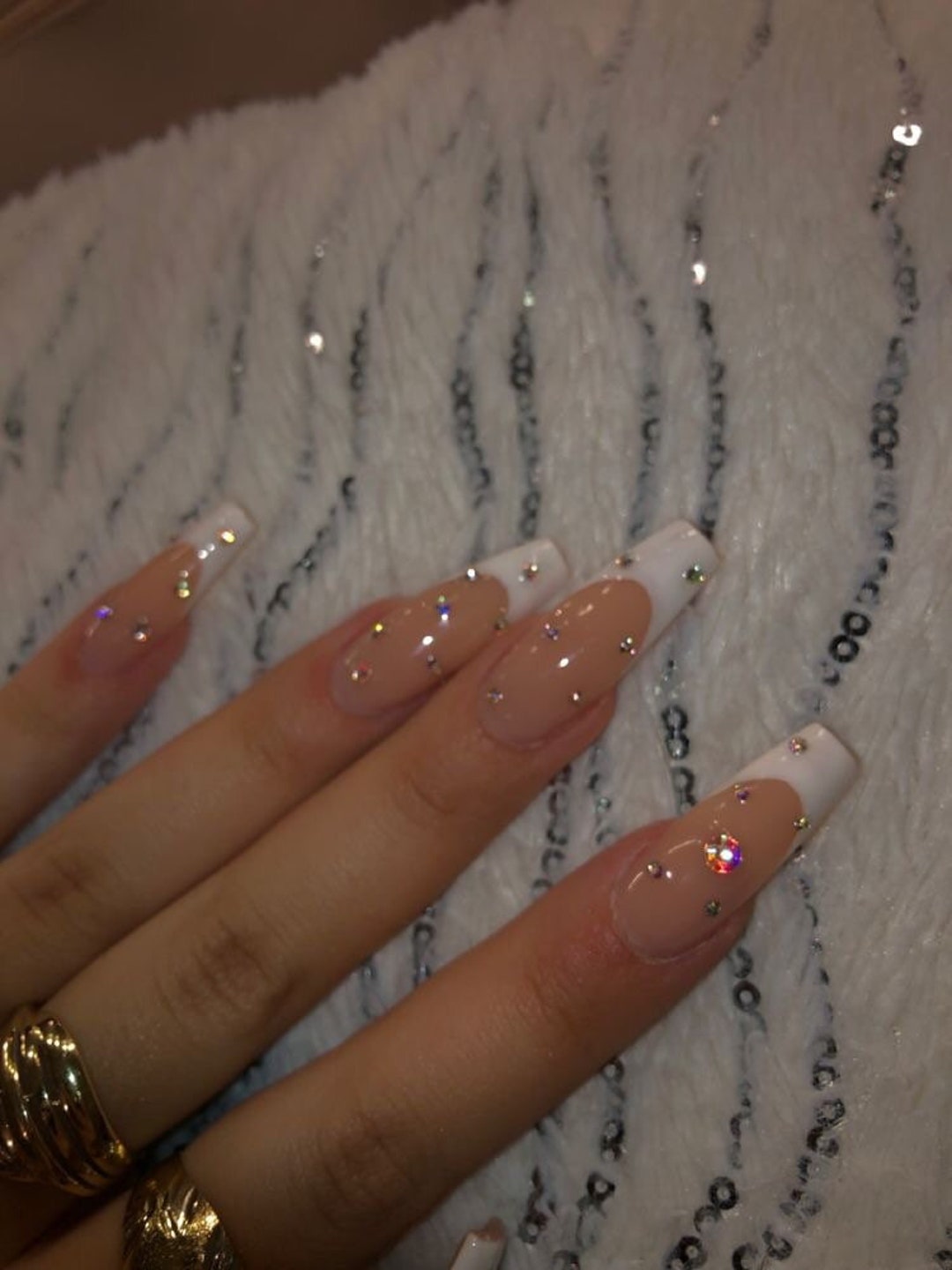 Sairah-press on Nails-french Bling Nails-french Nails-luxury Press  Ons-coffin Nails-white Nails-rhinestones Nails-glue on Nails-cute Nail 