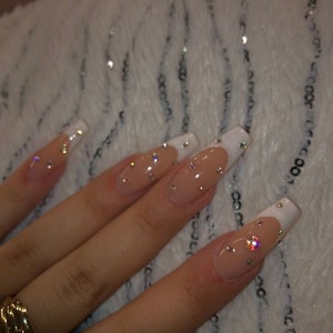 SAIRAH-Press on nails-French bling nails-French  nails-luxury press ons-coffin nails-white nails-rhinestones nails-glue on nails-cute nail