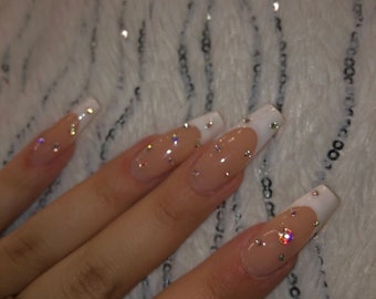 SAIRAH-Press on nails-French bling nails-French  nails-luxury press ons-coffin nails-white nails-rhinestones nails-glue on nails-cute nail