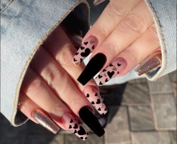 LOVE Me or HATE Me-hearts Nails Black Nails Black Hearts | Etsy