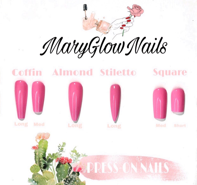 May include: A chart showing different nail shapes and lengths, including coffin, almond, stiletto, and square. The nails are all a light pink color. The text "Mary Glow Nails" and "PRESS-ON NAILS" is also visible.