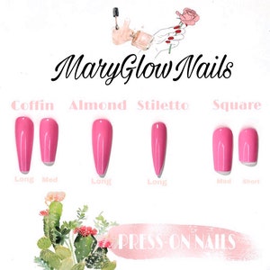 May include: A chart showing different nail shapes and lengths, including coffin, almond, stiletto, and square. The nails are a light pink color. The text "Mary Glow Nails" and "PRESS-ON NAILS" is also visible.