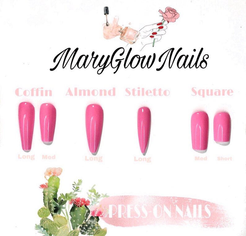 May include: A chart showing different nail shapes and lengths, including coffin, almond, stiletto, and square. The nails are a light pink color. The text "Mary Glow Nails" and "PRESS-ON NAILS" is also visible.