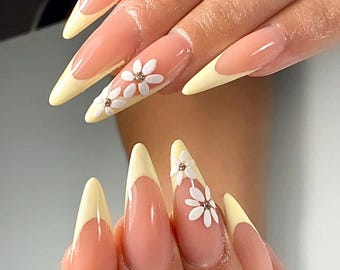 Yellow French and flower Press on nails-luxury nails-light yellow nails-nail art-nails with flowers long nails-glue on nails-aesthetic nails