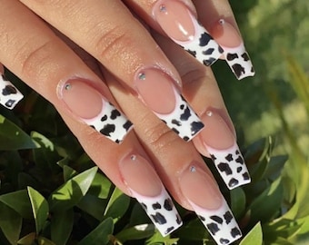 Cowprint and Pink French -Press on nails-luxury nails-gel x  nails-nail art-nails-short long nails-glue on nails-aesthetic nails-fake nails