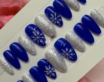 Blue xmas nails, Press on nails, luxury nails, snowflake nails, dark blue nails, royal blue nails, medium nails, short nails, winter nails