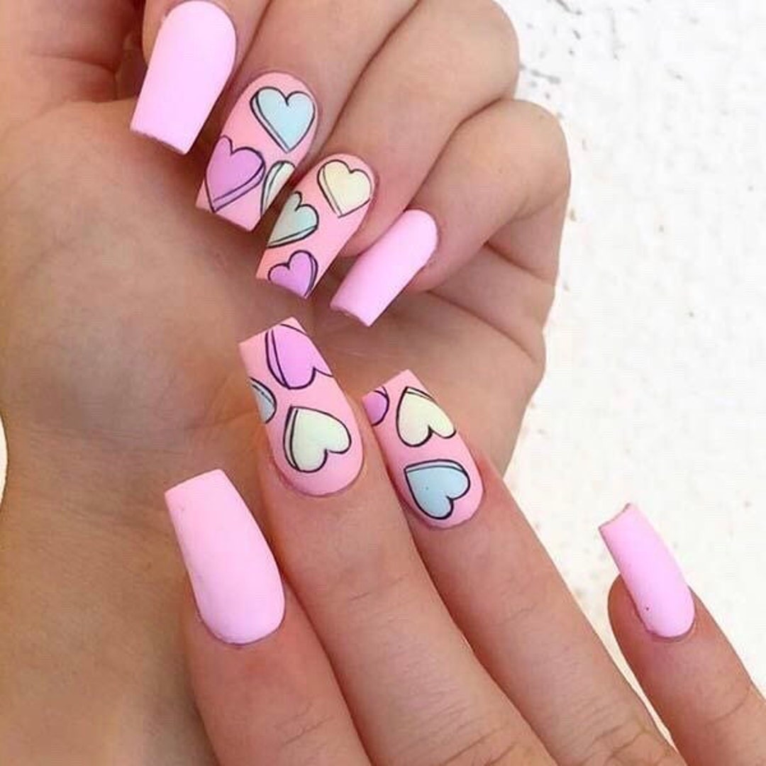 Valentines Nails  Hot Pink Hearts Valentines Acrylic Press-On Nails –  3rdpartypeople
