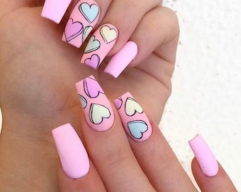 WILL U BE MINE-valentines day nails-press on nails-pink nails-heart nails-luxury nails-glue on nails
