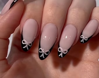 Black French and Bows -Press on nails-luxury nails-black  nails-nail art-nails-short long nails-glue on nails-aesthetic nails-bow nails