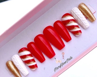 CANDY CANE-Holidays nails-xmas nails-press on nails-Christmas nails-red and white nails-luxury nail sets