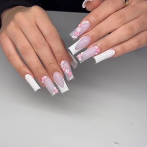 White French and flowers-Press on nails-luxury nails-white nails-nail charms-fake nails-short long nails-glue on nails-aesthetic nails-white