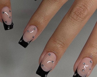 BOSS UP-French nails-rhinestone nails-glue on nails -luxury nails-fake nails-fancy nails-black French nails-free shipping nails