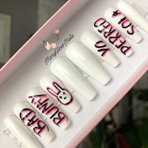 BB white YPS- Press On Nails- Luxury Nails-Reusable Nails- Bad Bunny Nails white nails with art long nails square vacation nails white nails
