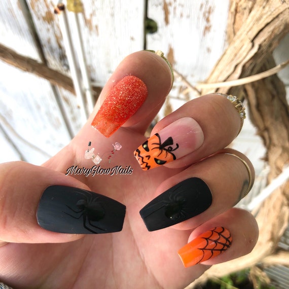 PUMPKIN Press on Nails Halloween Nails. Reusable Nails Luxury Nails Fall Nails Etsy UK