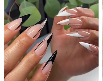 CELESTE-Press on nails- French nails aesthetic black and white pr as ons glue nails long short reusable nails gel x nails stiletto almond
