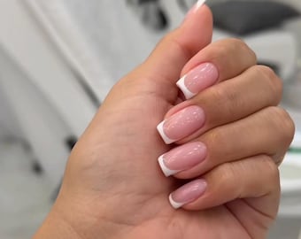 Thin Classic French Press on nails-luxury nails-white nails-nail art-square nails-medium long nails-glue on nails-aesthetic nails  French