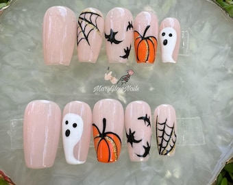 My Halloween themed Press on nails-luxury nails ghost nails-nail art-nails-short long nails-glue on nails-reusable  nails-fall nails pumpkin