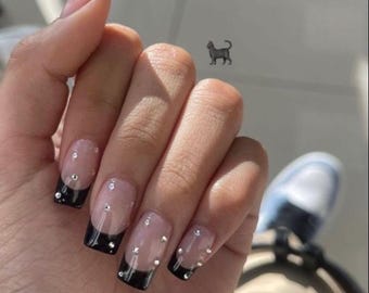 BOSS UP-French nails-rhinestone nails-glue on nails -luxury nails-fake nails-fancy nails-black French nails-free shipping nails black French