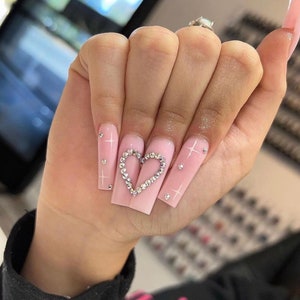 I HEART YOU-pink nails–press on nails-luxury nails-valentines day nails- valentines nail sets-rhinestone nails-glue on nails-party nails