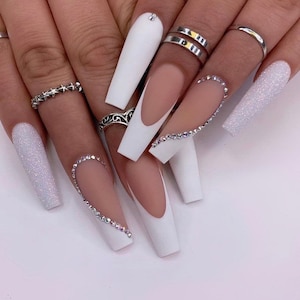 I DO Press on nails-fancy nails-bride nails-white nails-luxury nails-gel nails-long nails-medium length nails-glue on nails-fake nails image 1