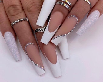 I DO- Press on nails-fancy nails-bride nails-white nails-luxury nails-gel nails-long nails-medium length nails-glue on nails-fake nails