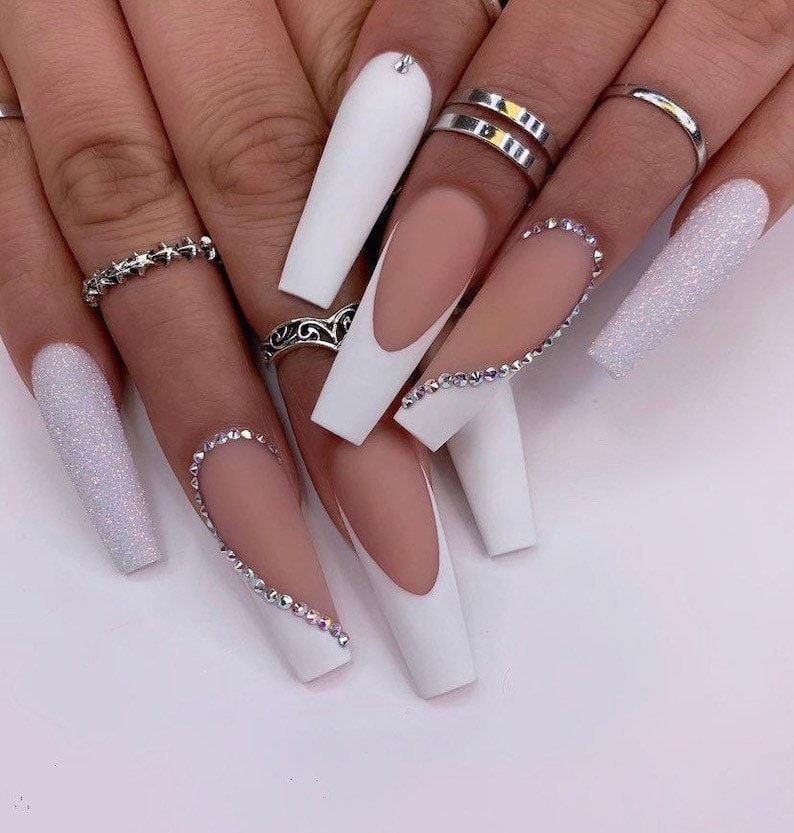 I DO Press on nails-fancy nails-bride nails-white nails-luxury nails-gel nails-long nails-medium length nails-glue on nails-fake nails image 1