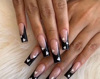 AMOREE-French nails-press in nails-hear nails-luxury nails-fancy nails-black French nails-black french nails-long nails