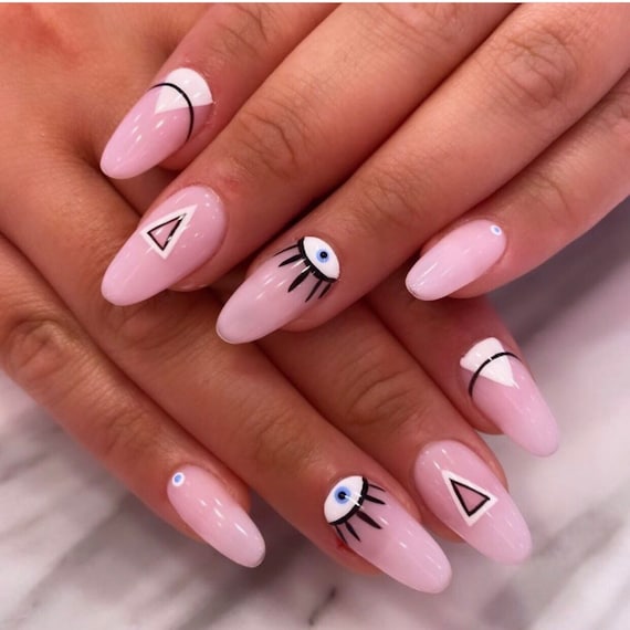 MUSE-press on nails-glue on nails-evil eye nails-pink nails-luxury nails-gel x nails-gel extensión nails