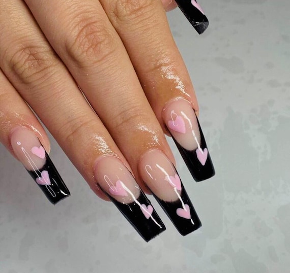 FRESH Love-french Nails-gel X Nails-black Nails-vday Nails-valentines Day  Nails-fast Shipping Nails-ready to Use Nails-black Vday Nails -  Finland