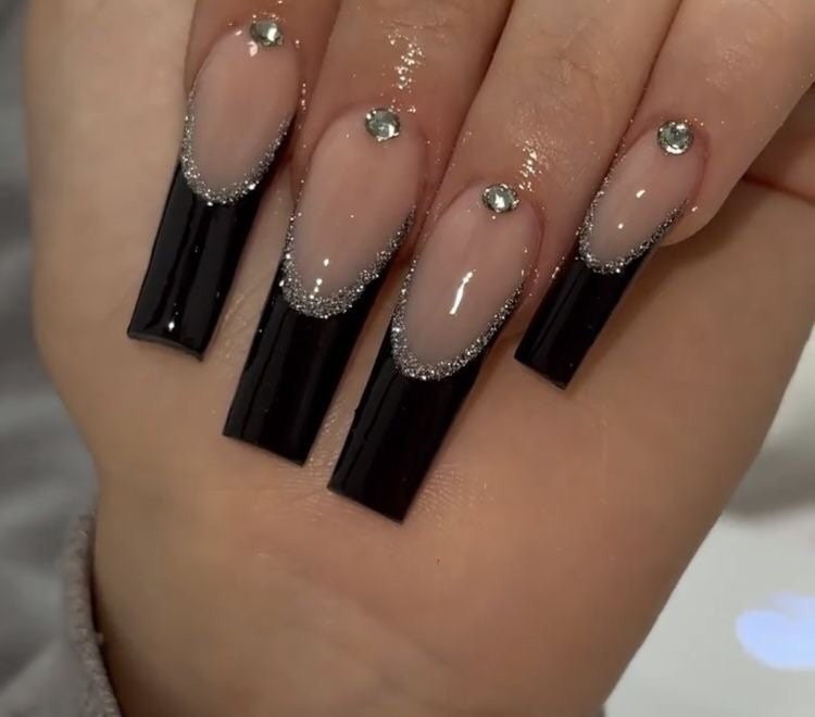 Black French Tip Nails Square - Etsy