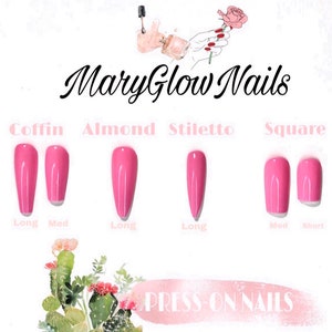 May include: A chart showing different nail shapes and lengths. The shapes include coffin, almond, stiletto, and square. The lengths include long, medium, and short.