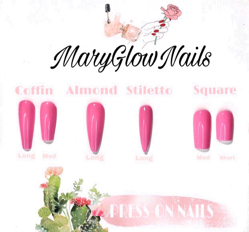 May include: A chart showing different nail shapes and lengths. The shapes include coffin, almond, stiletto, and square. The lengths include long, medium, and short.