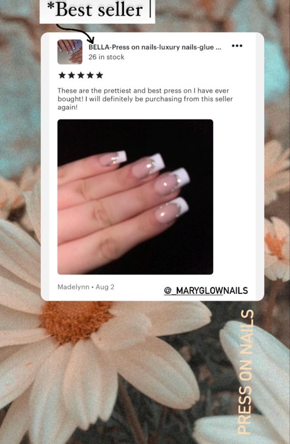 BELLA-Press on nails-luxury nails-glue on nails-French nails-holiday nails-white French tip nails-white nails-glitter nails