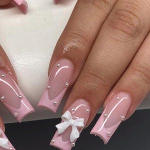 Pink French bows and pearls nails-Press on nails-luxury nails-pretty nails-nail art-pink nail-short long nails-glue on nails-aesthetic nails
