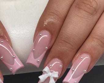 Pink French bows and pearls nails-Press on nails-luxury nails-pretty nails-nail art-pink nail-short long nails-glue on nails-aesthetic nails