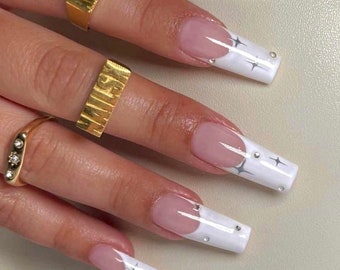 SELENA- press on nails- French nails- white French nails- glue on nails- luxury nails-white nails-long short nails