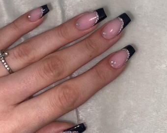 SHELBY-Press on nails- French nails-black nails-black French nails-luxury nails-glue on nails-fake nails-gel nails almond nails long medium