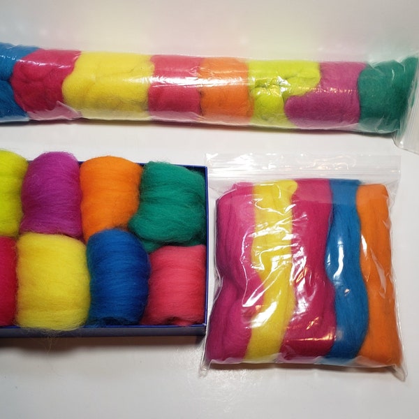 NEON roving wool packs on sale.  Stocking stuffers in 2 sizes.  perfect for needle felting, wet felting, best selling craft kits.