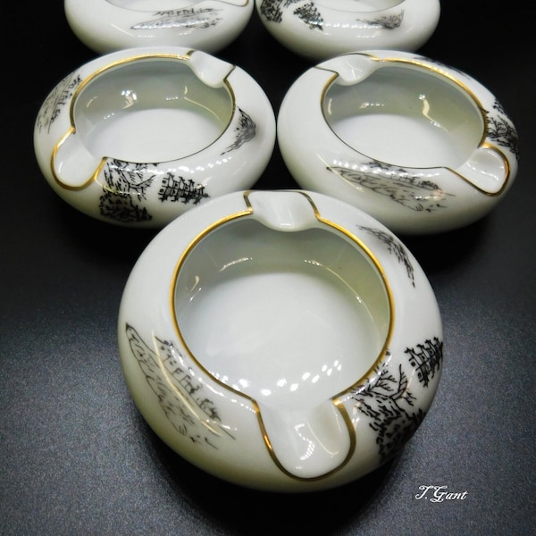 5 Jukagawa Arita Ashtrays Hand Painted # 903 Landscape Pagoda Mt Fuji