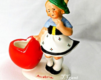 Vintage Pottery 4 1/2" Austrian Swiss Girl with Heart Posy Vase #4915 Valentine Love Vase