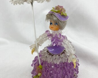 Vintage Handmade Purple Beaded Safety Pin Victorian Lady Doll Figurine w/Parasol & Hat Very Fancy