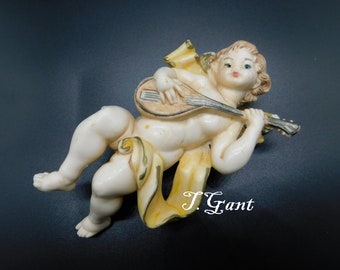 Vintage Fontanini Christmas Angel Playing Instrument Hanging Ornament Marked Italy Decoration Cherub