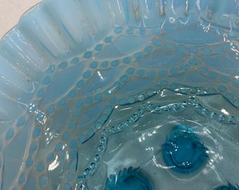 1905 Northwood Glass Blue Opalescent Beaded Drape Bowl Candy Dish Glows EAPG
