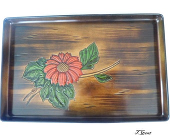 Vintage MCM 16" Hard Plastic Serving Tray Wood Grain Carved in Flower Dahlia?